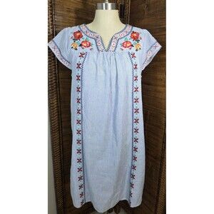 THML Blue/White Striped Short Sleeve Multicolor Embroidered Mini Dress Size L